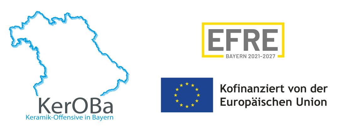 Projektlogo KerOBa (blauer Umriss von Bayern mit Schriftzug) sowie Förderlogos EFRE